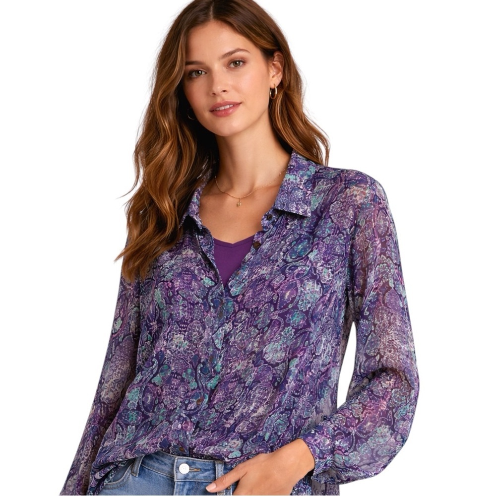 Potpourri Sheer Floral Blouse Purple Blue Boho Vintage Style XS